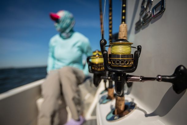 Close up of fishing rod reels