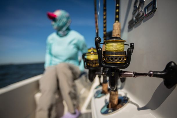 Close up of fishing rod reels